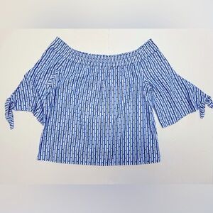 Scotch & Soda Blue and White Striped Off-Shoulder Tie Sleeve Boxy Cut Blouse.
